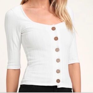 Free People White Ribbed Button Front Top XS Scoop Neck 3/4 Sleeve
